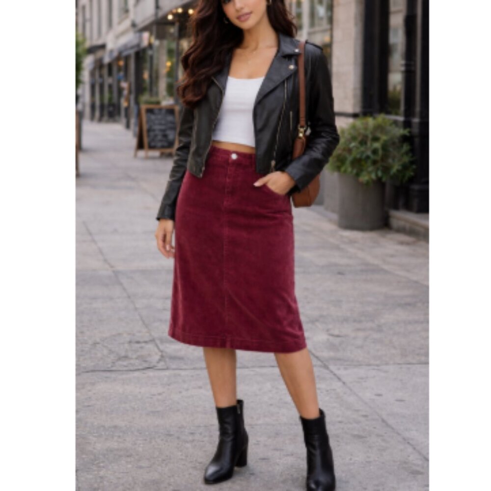 Be Girl Size M Burgundy Red Corduroy Elegant Skirt Minimalist Cozy Cabin Casual